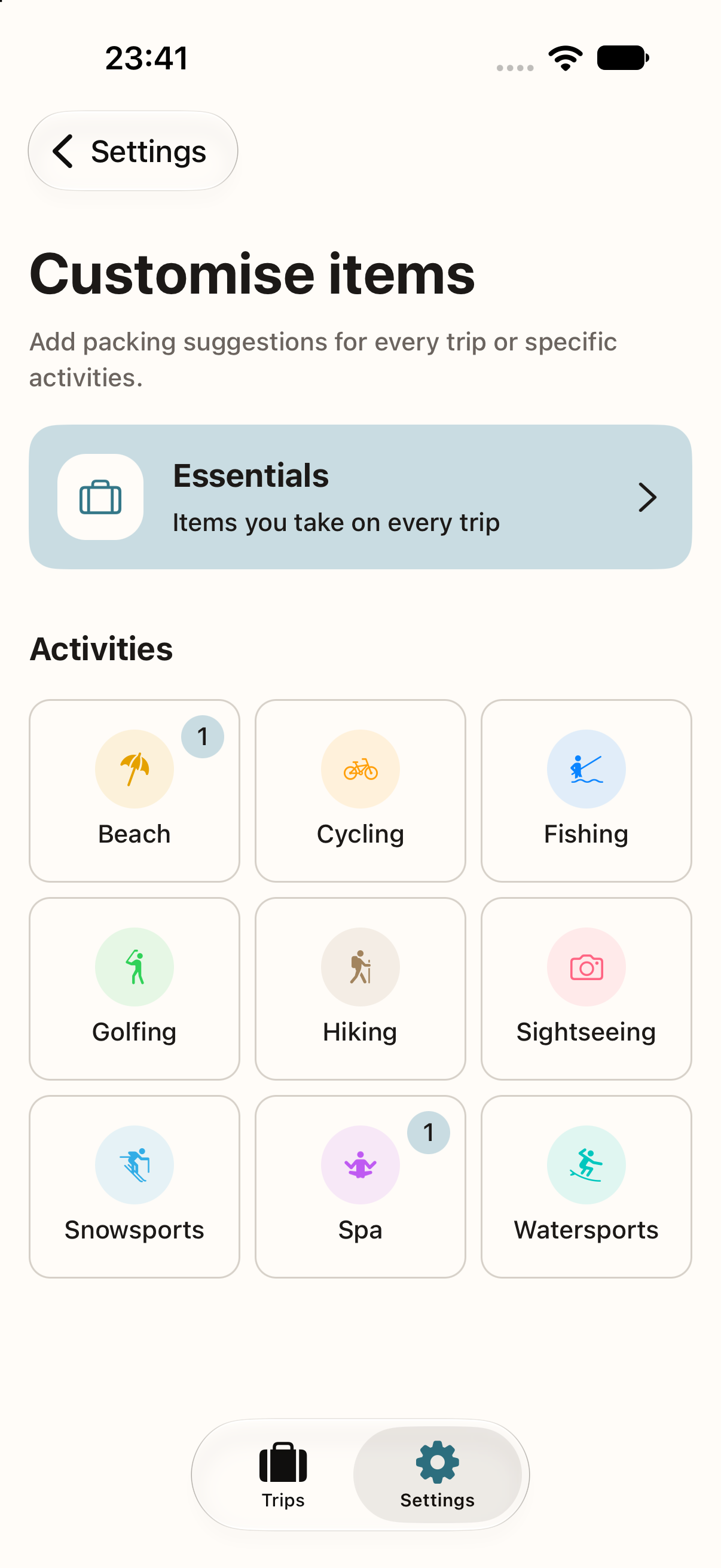 Packlet custom packing suggestions for essentials and activities including hiking and snowsports